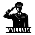 Black metal sign featuring a saluting military servicemember silhouette for veteran wall decor