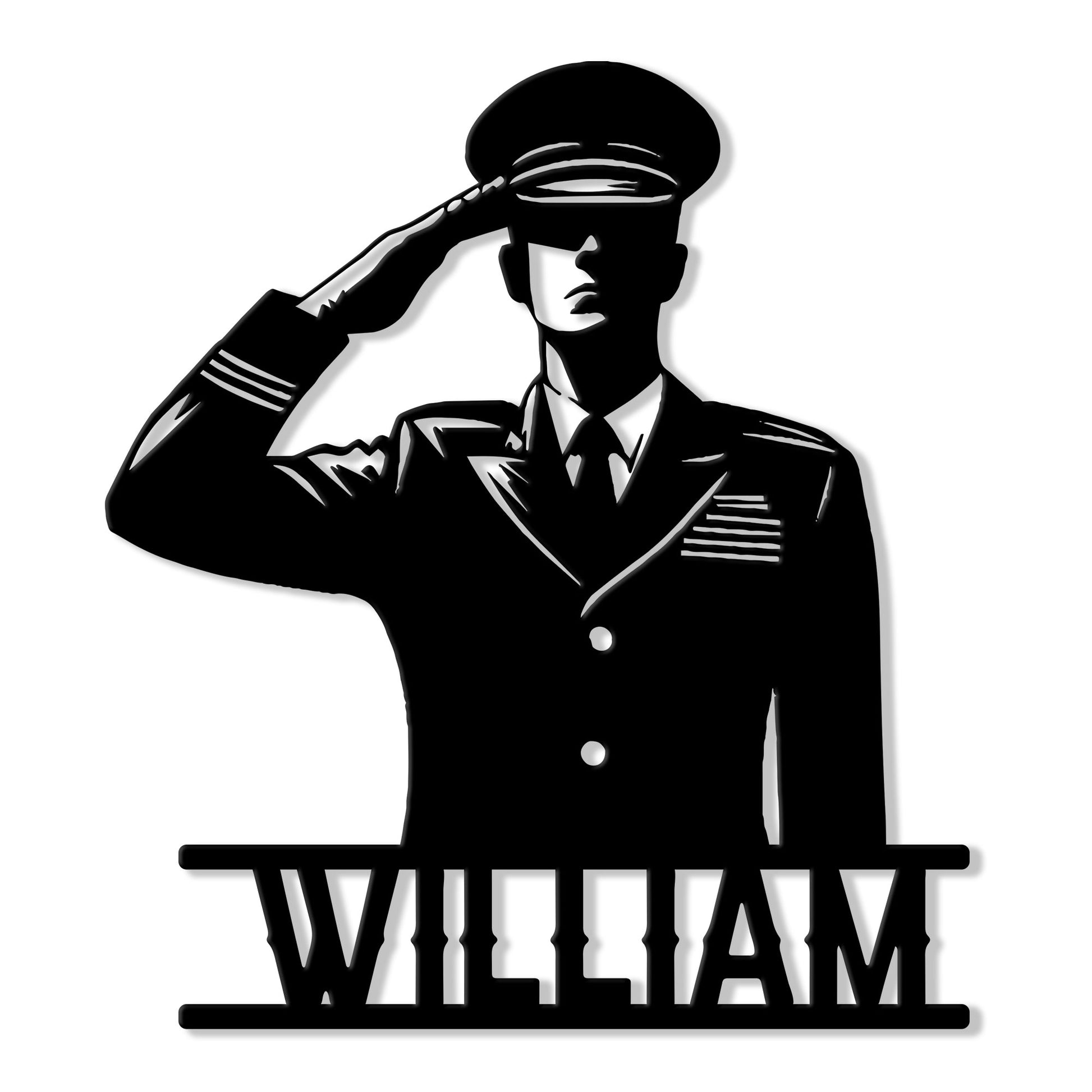Black metal sign featuring a saluting military servicemember silhouette for veteran wall decor
