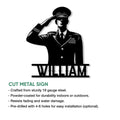 Veteran metal sign feature graphic showing a saluting servicemember silhouette and product presentation
