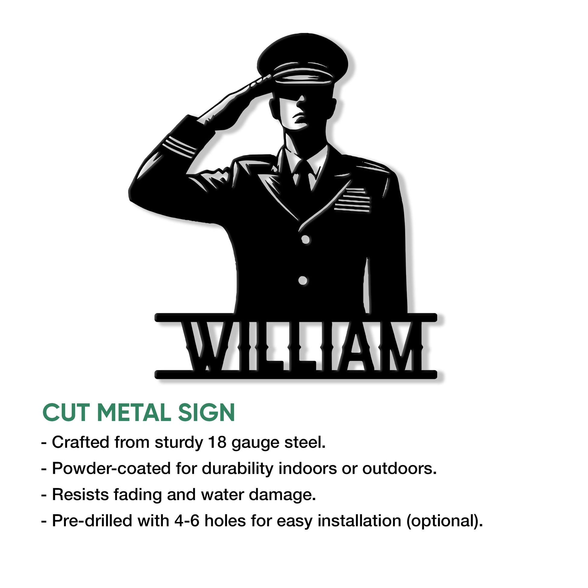 Veteran metal sign feature graphic showing a saluting servicemember silhouette and product presentation