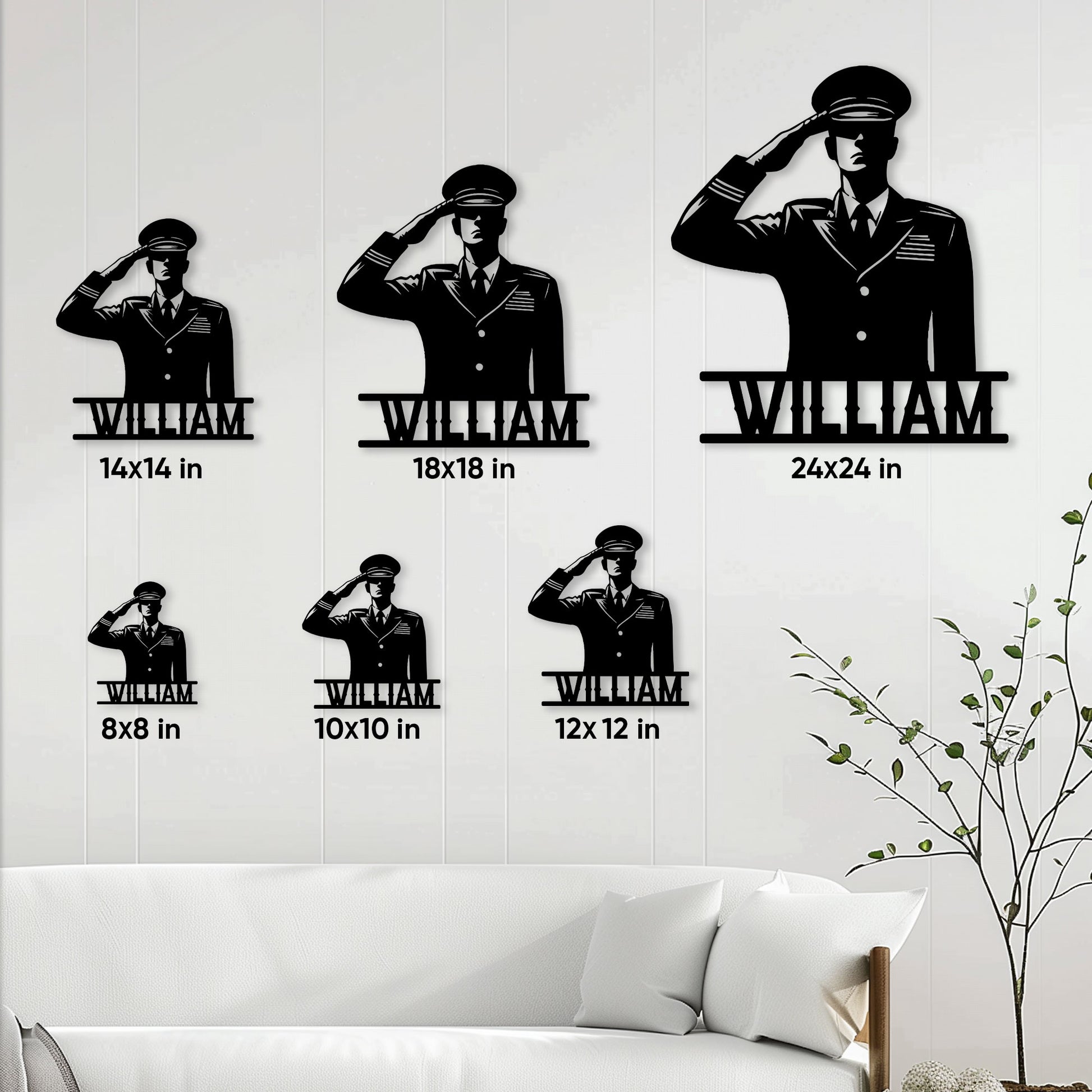 Veteran metal sign size guide showing saluting servicemember designs in multiple square dimensions