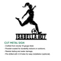 Cutout soccer metal sign featuring a female player silhouette and soccer ball