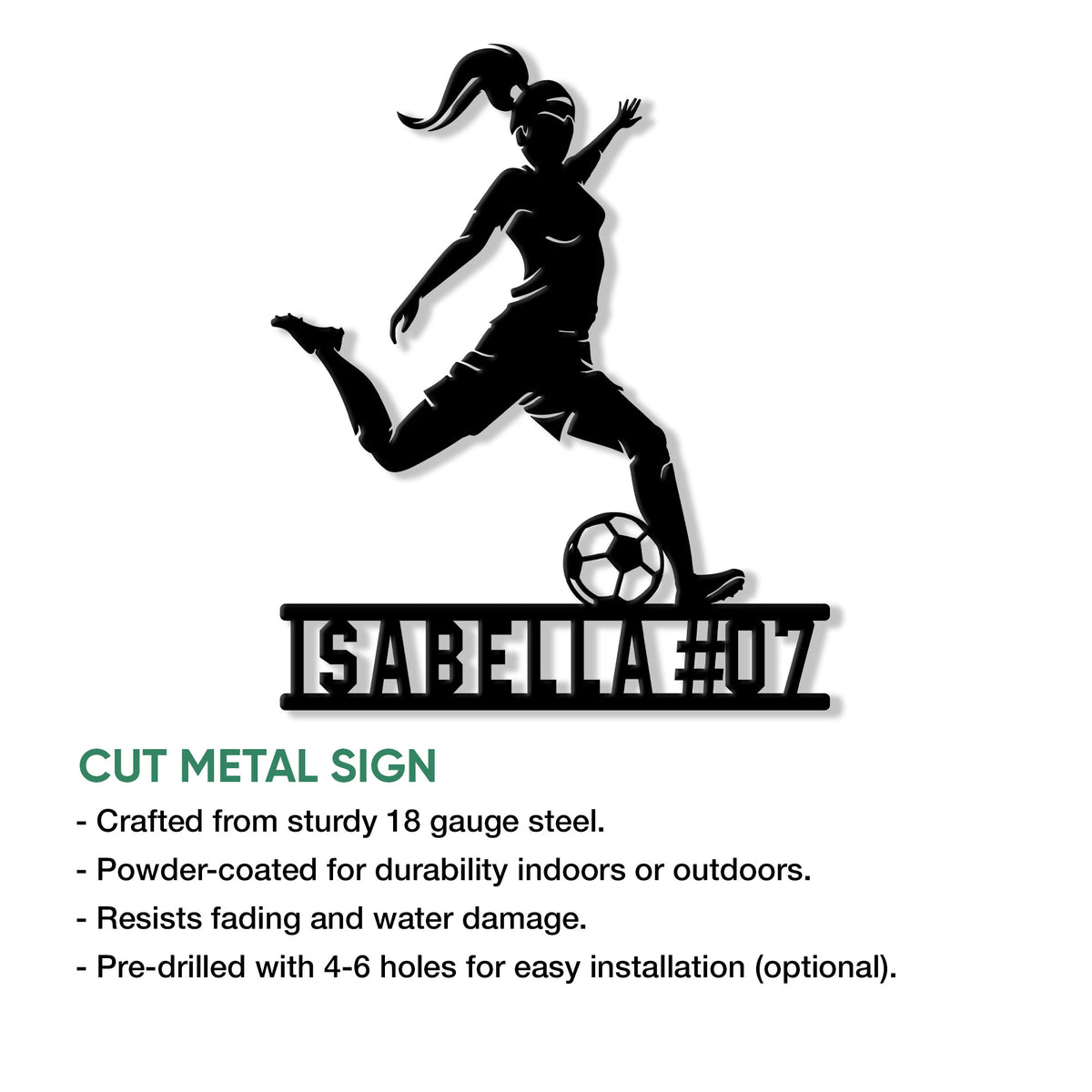 Cutout soccer metal sign featuring a female player silhouette and soccer ball