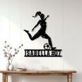 Female soccer player metal sign displayed on a bright paneled interior wall