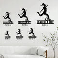 Soccer player metal sign shown in multiple size options above a living room sofa