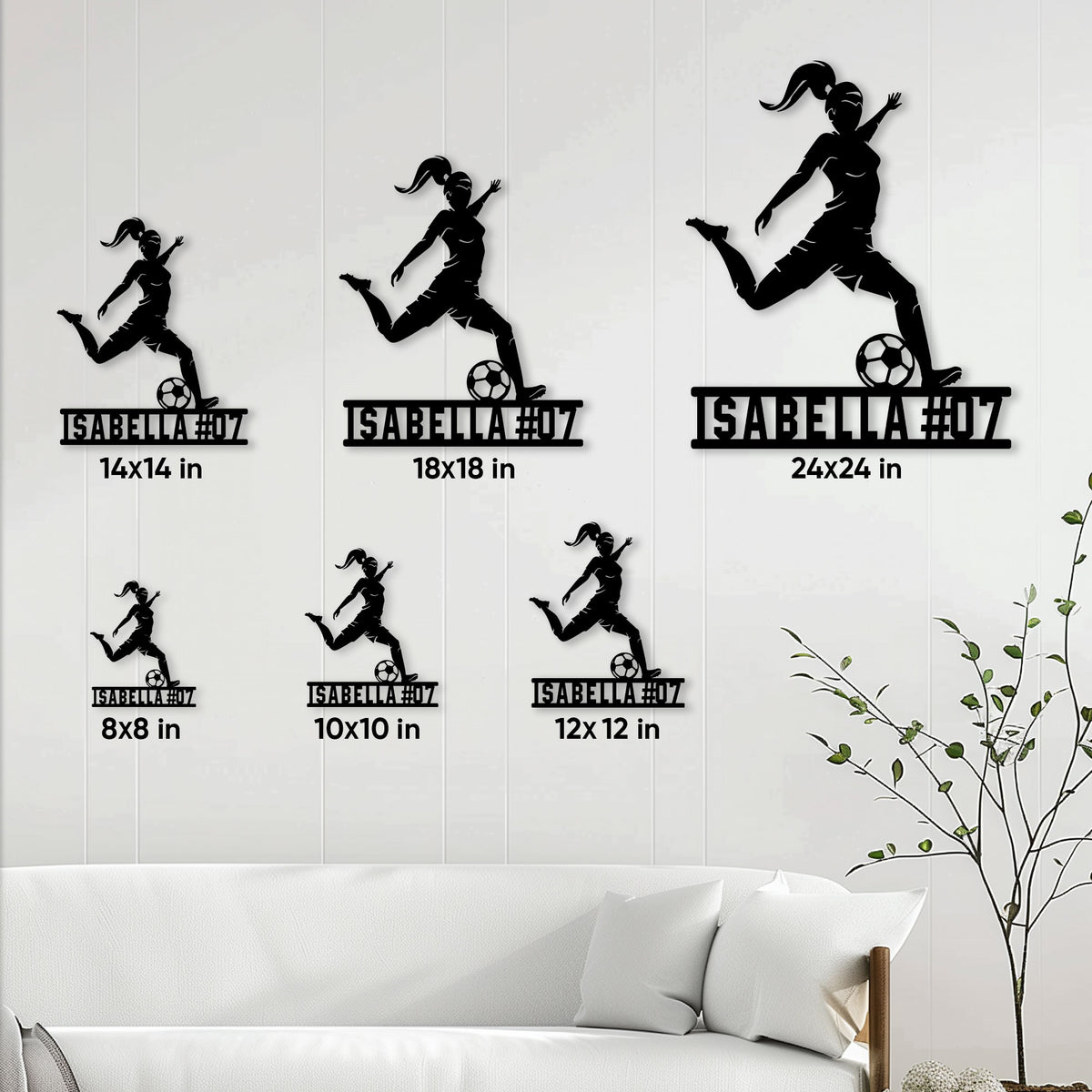 Soccer player metal sign shown in multiple size options above a living room sofa