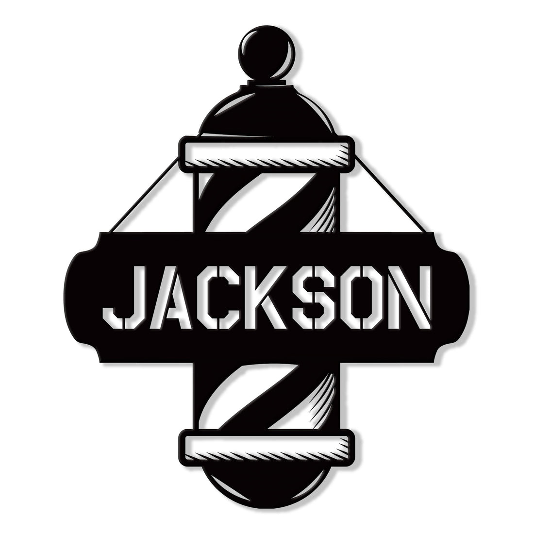 Black barber pole metal sign with bold cutout lettering and classic striped pole design