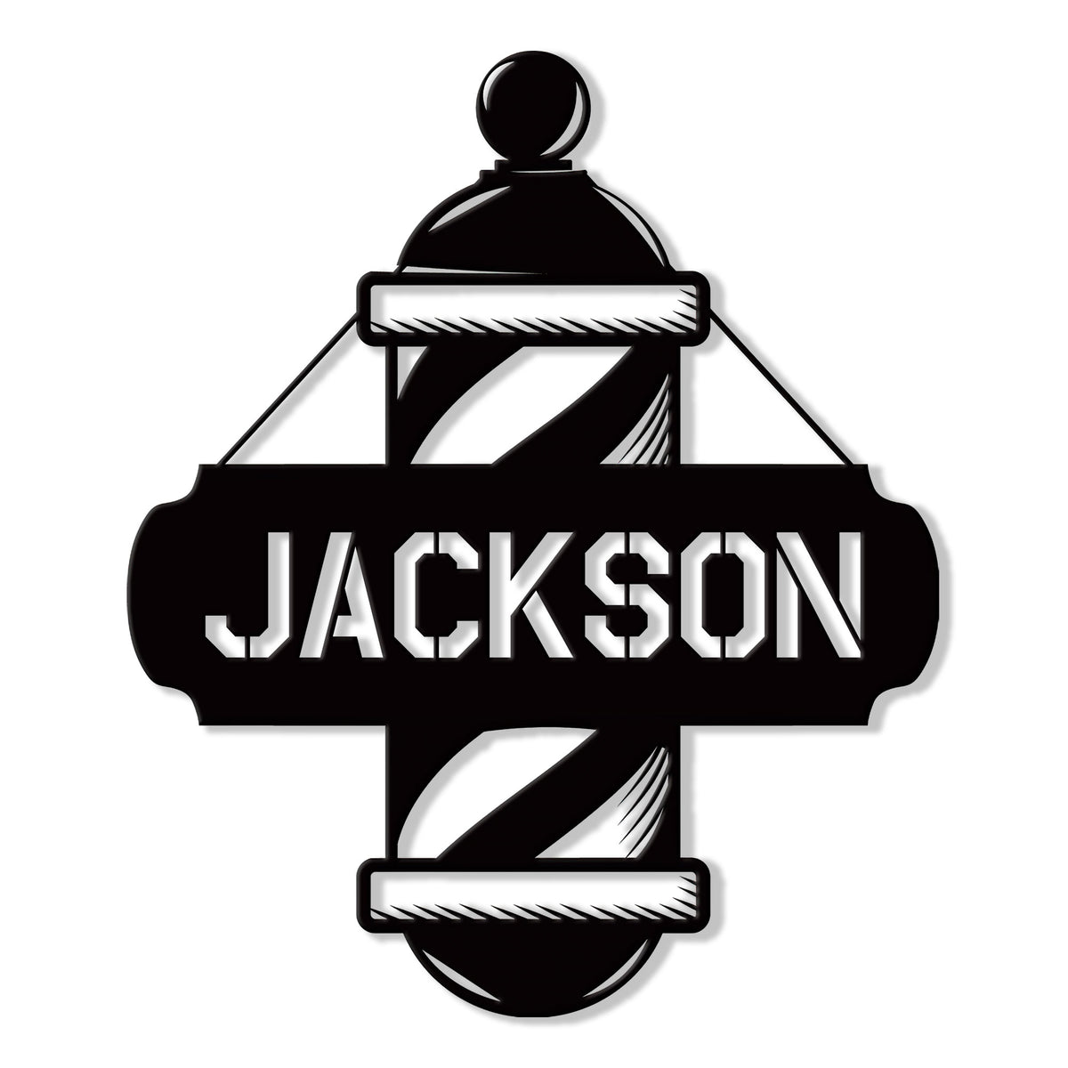 Black barber pole metal sign with bold cutout lettering and classic striped pole design
