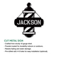 Barber pole metal sign feature graphic showing cut-steel design and indoor or outdoor display use