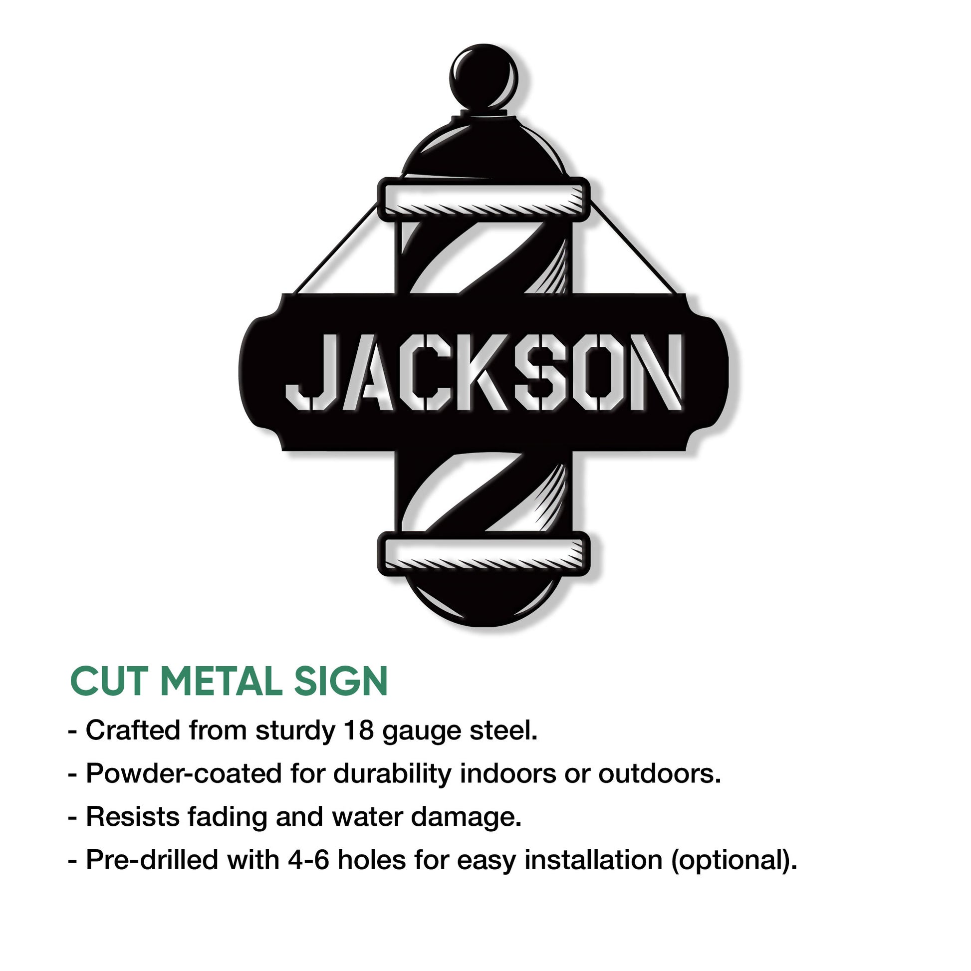 Barber pole metal sign feature graphic showing cut-steel design and indoor or outdoor display use