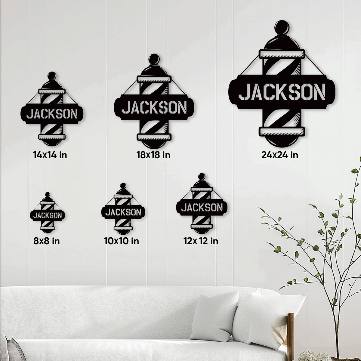 Barber pole metal sign size guide showing six square size options for wall display