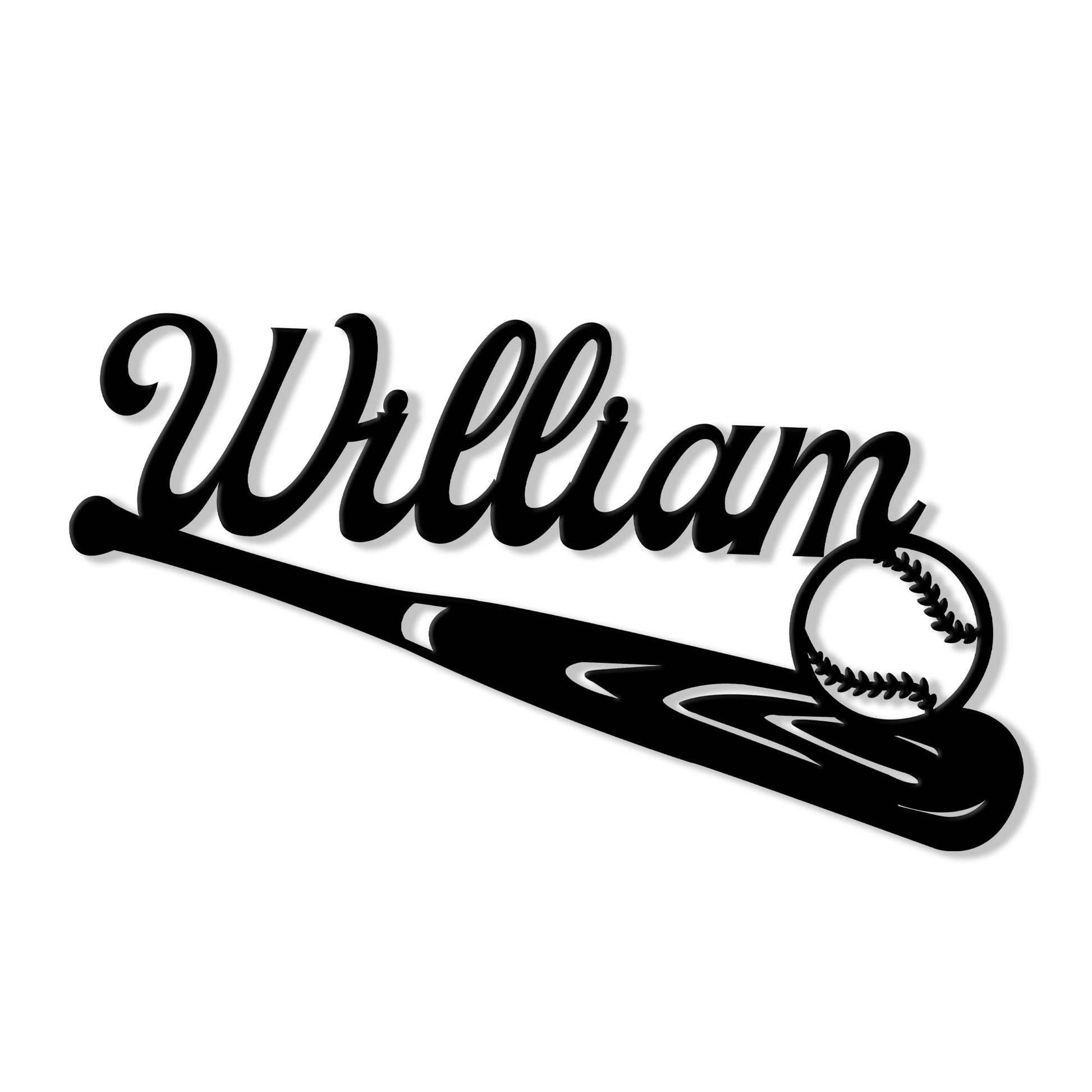 Baseball bat metal sign featuring a script design and stitched baseball