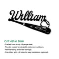 Baseball bat metal sign shown with cut-metal construction and installation feature details