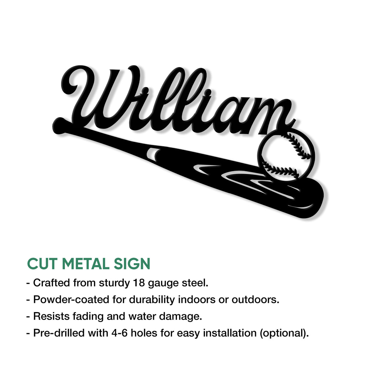 Baseball bat metal sign shown with cut-metal construction and installation feature details
