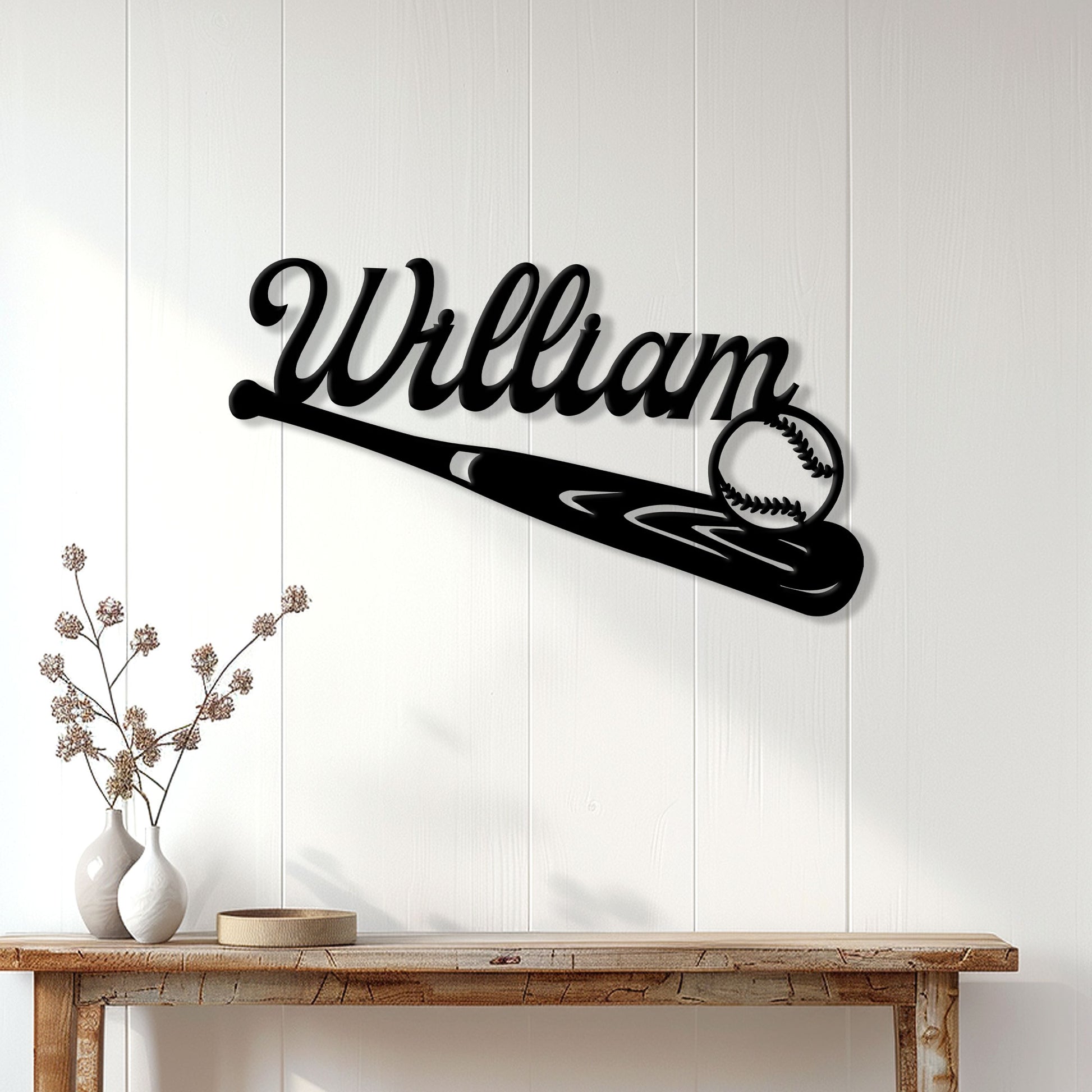 Black baseball bat wall sign displayed on a bright paneled wall above a console table
