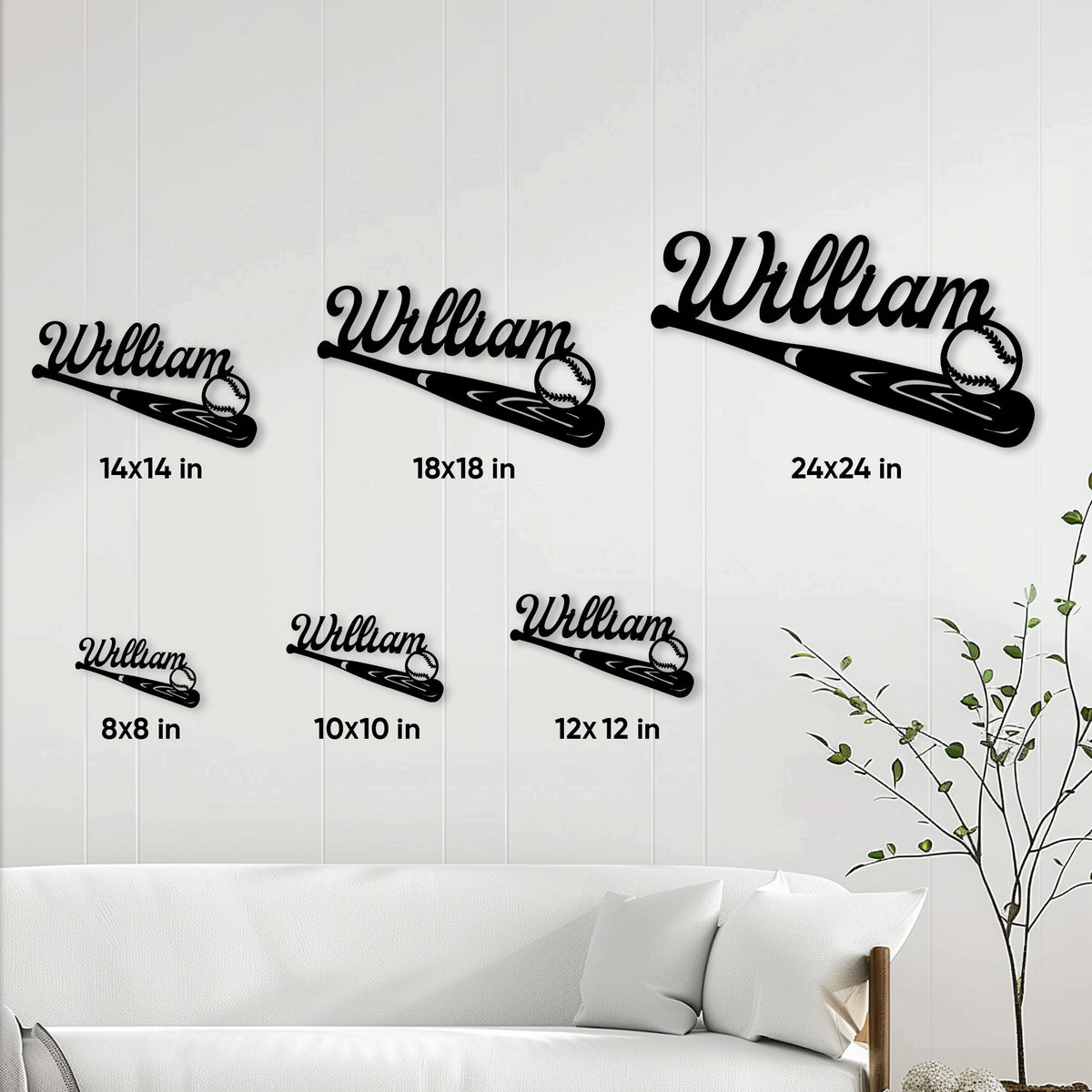 Baseball bat metal sign size guide showing six available square size options