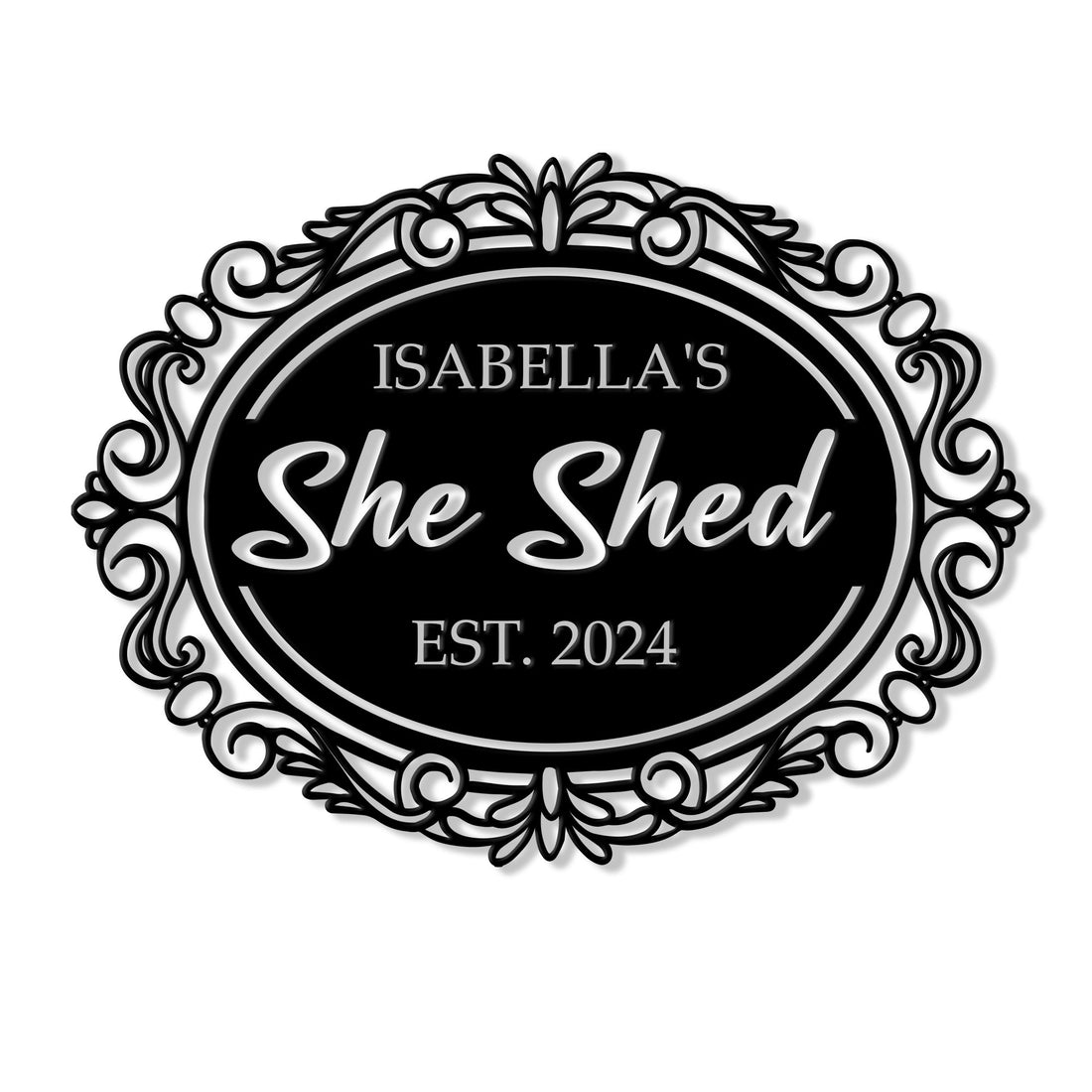 Ornate oval She Shed metal sign with black center, silver scrollwork, and elegant vintage-inspired framing