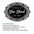 Decorative She Shed cut metal sign shown with ornate oval scrollwork and a bold black-and-silver finish