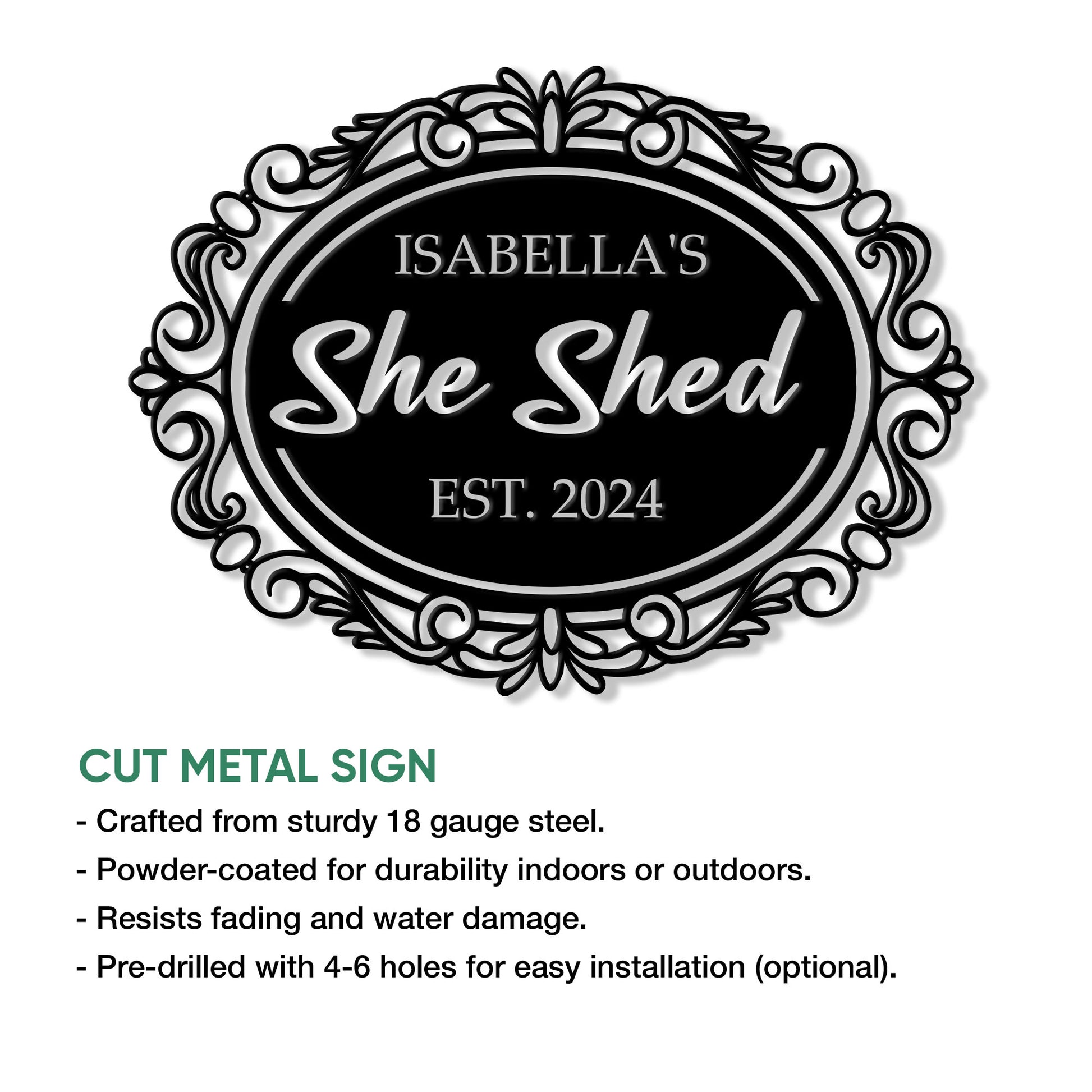 Decorative She Shed cut metal sign shown with ornate oval scrollwork and a bold black-and-silver finish