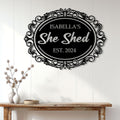 She Shed wall sign displayed above a console table in a bright, modern farmhouse-inspired room
