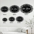 She Shed metal sign size guide showing 8, 10, 12, 14, 18, and 24 inch square options