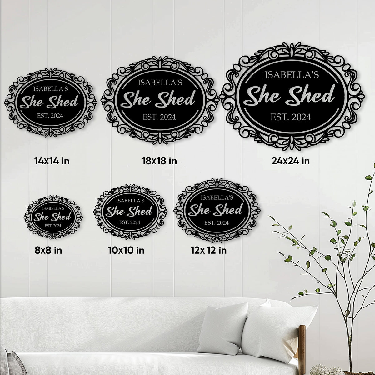 She Shed metal sign size guide showing 8, 10, 12, 14, 18, and 24 inch square options