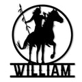 Native American horseback rider silhouette metal sign with a horse inside a circular frame