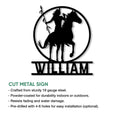 Native American rider metal sign feature infographic showing cut steel construction and mounting options