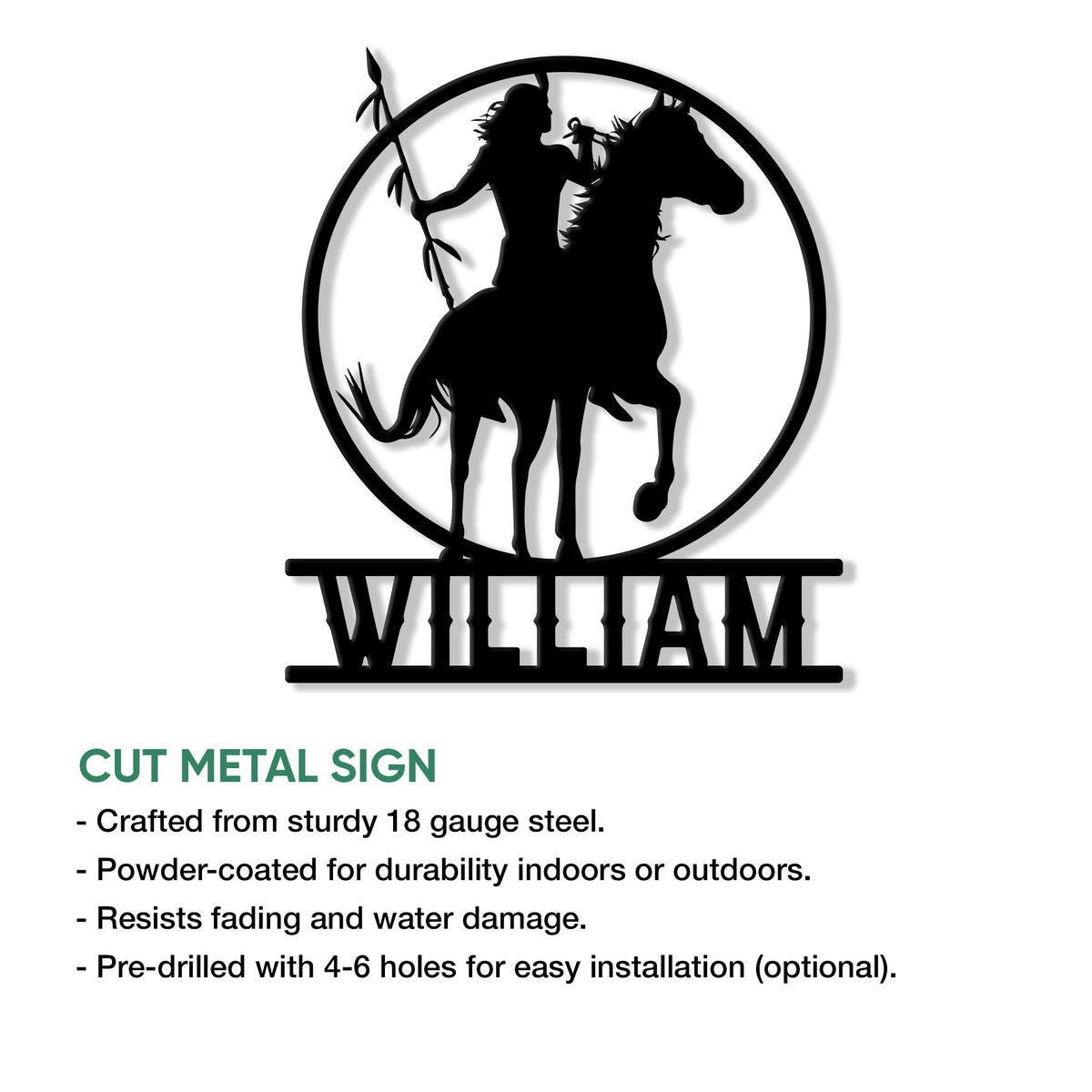 Native American rider metal sign feature infographic showing cut steel construction and mounting options