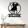 Native American horseback rider metal wall sign displayed on a light wood-paneled entryway wall