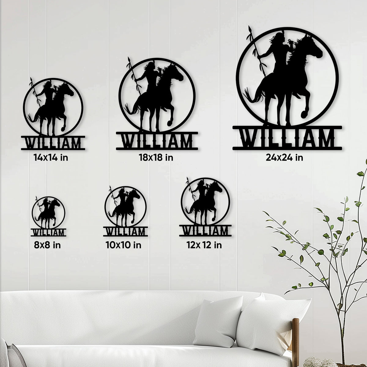 Native American rider metal sign size guide showing six square size options in a living room