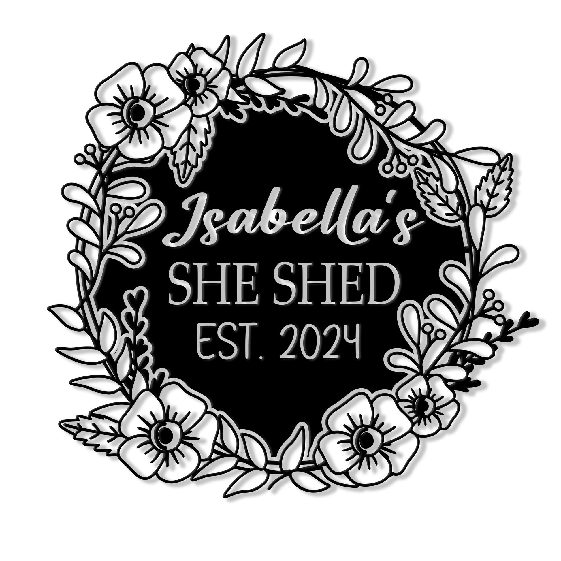 Floral She Shed metal sign with a botanical wreath and bold custom center design