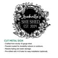 She Shed floral metal sign shown with cut-metal construction and installation features