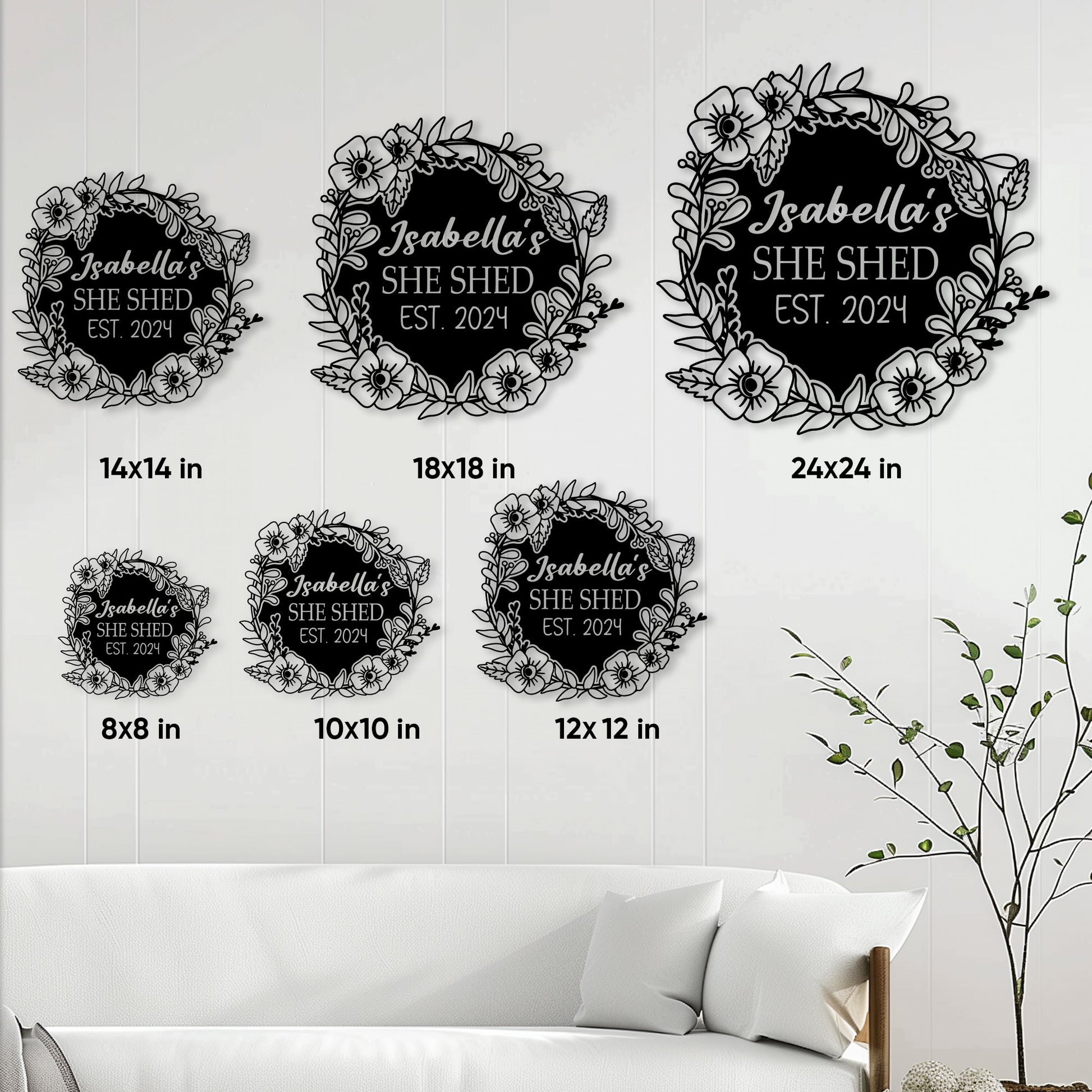 She Shed floral metal sign shown in multiple size options from 8 by 8 to 24 by 24 inches