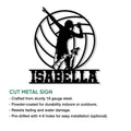 Volleyball metal sign product infographic showing a dynamic player silhouette framed by a large volleyball