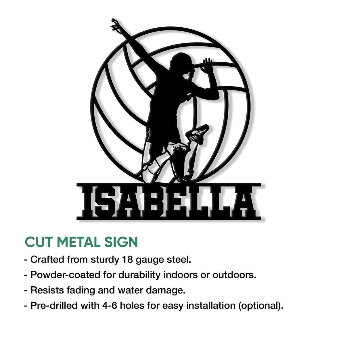 Volleyball metal sign product infographic showing a dynamic player silhouette framed by a large volleyball