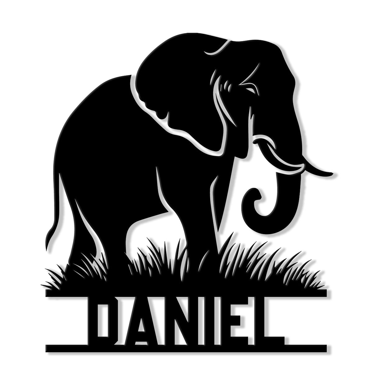 Black elephant silhouette cut metal sign standing in grass with a bold, nature-inspired wall decor design