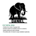 Elephant cut metal sign shown with product feature details for indoor or outdoor display and easy installation