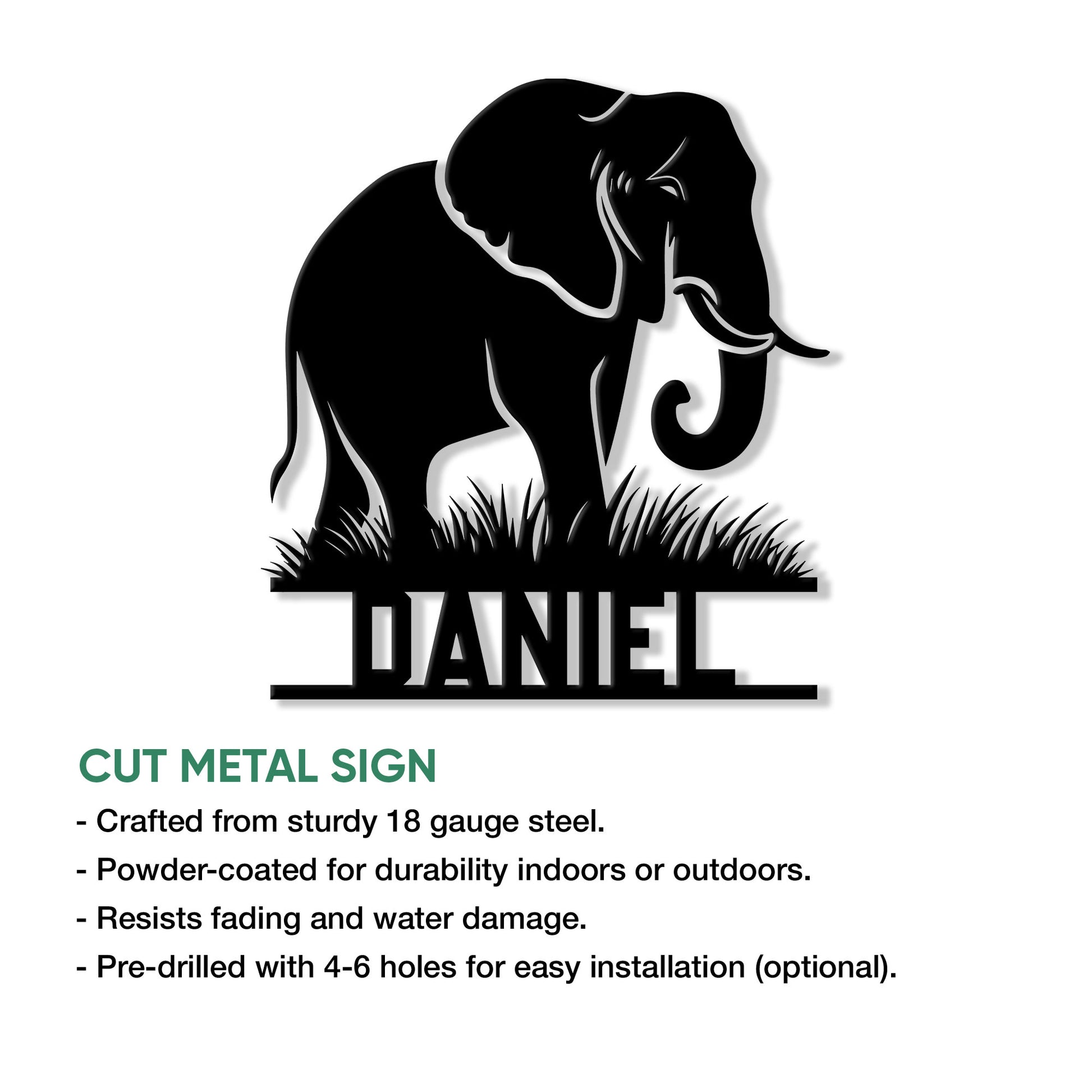 Elephant cut metal sign shown with product feature details for indoor or outdoor display and easy installation