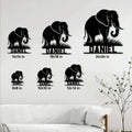 Elephant metal sign size guide showing multiple square size options styled on a living room wall