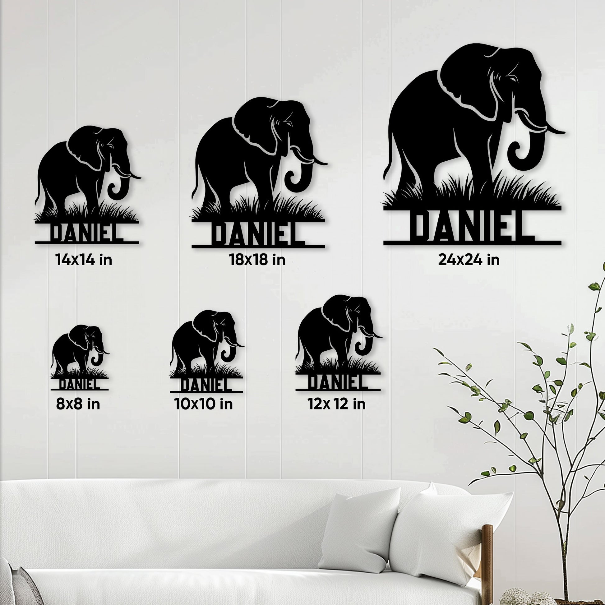 Elephant metal sign size guide showing multiple square size options styled on a living room wall