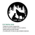 Wolf and pup forest silhouette metal sign shown with a cut metal sign feature graphic