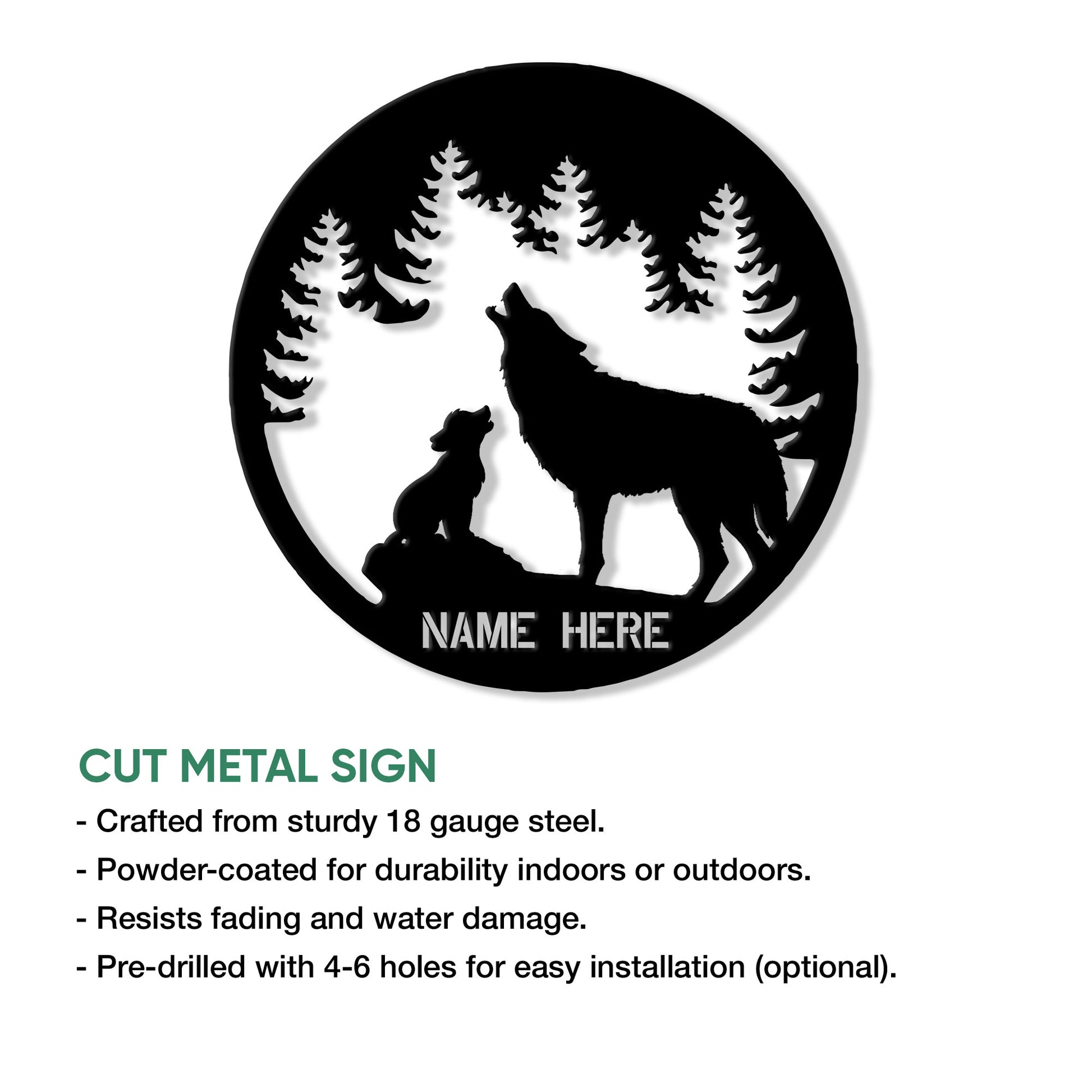 Wolf and pup forest silhouette metal sign shown with a cut metal sign feature graphic