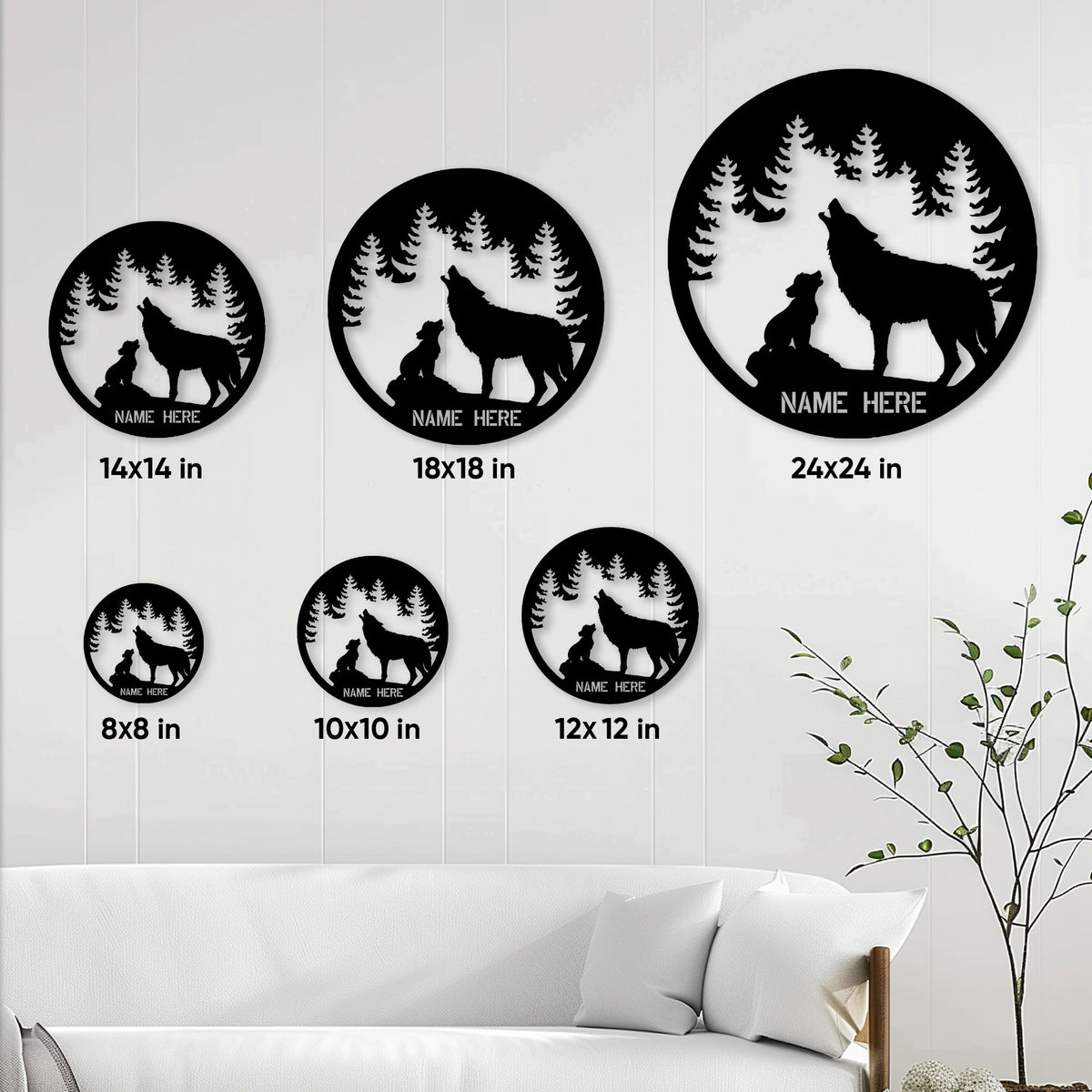 Wolf and pup round metal sign shown in multiple size options on a living room wall