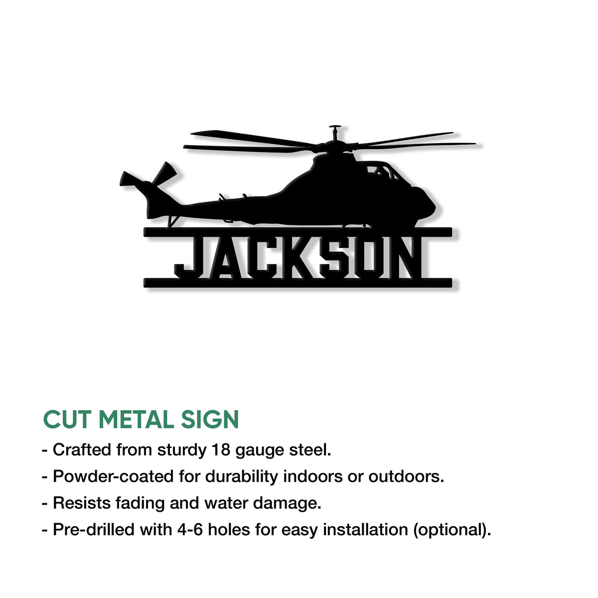 Helicopter pilot metal sign shown as a cut metal silhouette with a bold custom display design