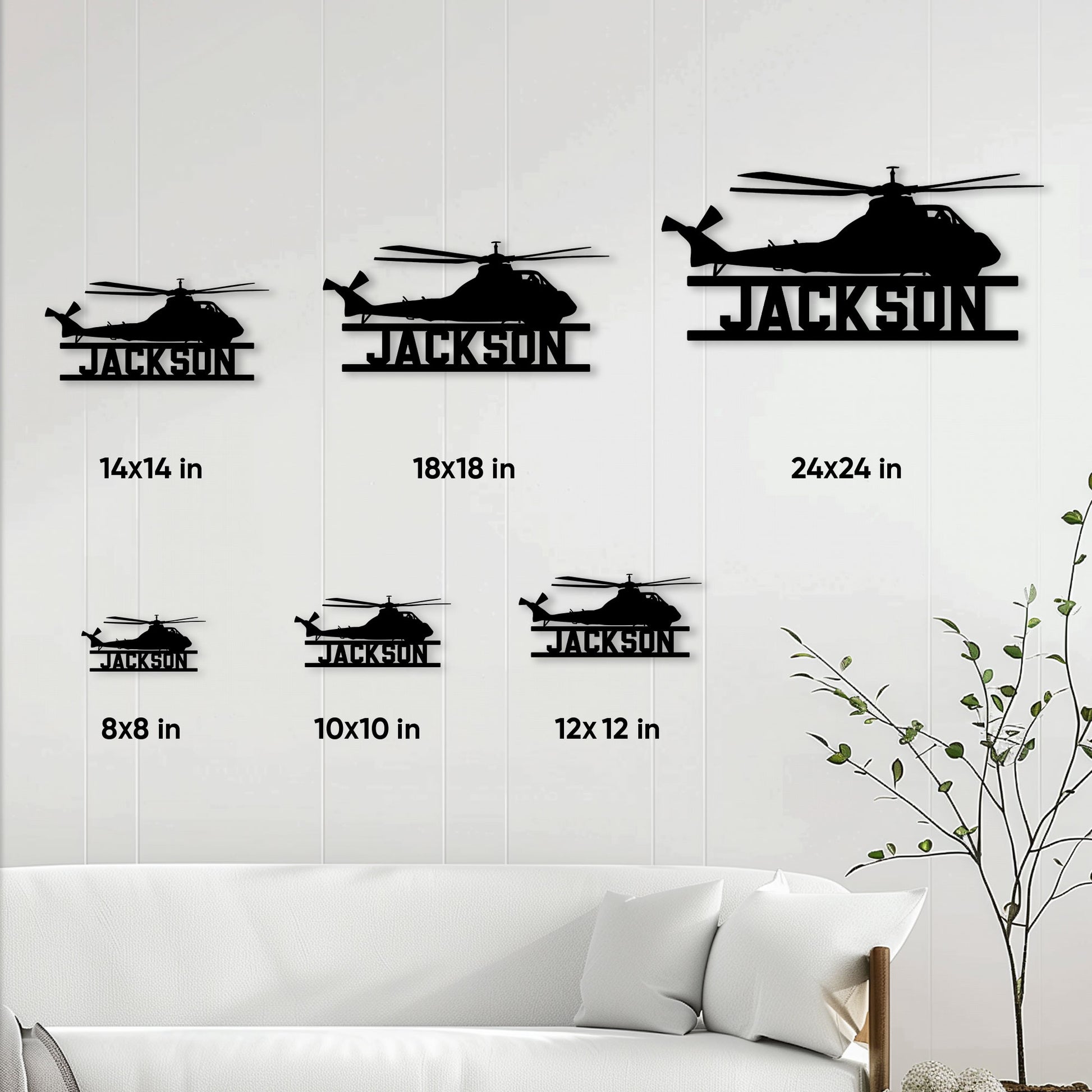 Helicopter pilot metal sign size guide showing multiple square size options in a living room setting