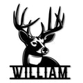 Black metal hunting sign featuring a detailed whitetail buck with large antlers and a bold custom design