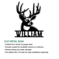 Whitetail deer metal sign shown with a cut-metal construction and indoor or outdoor display information