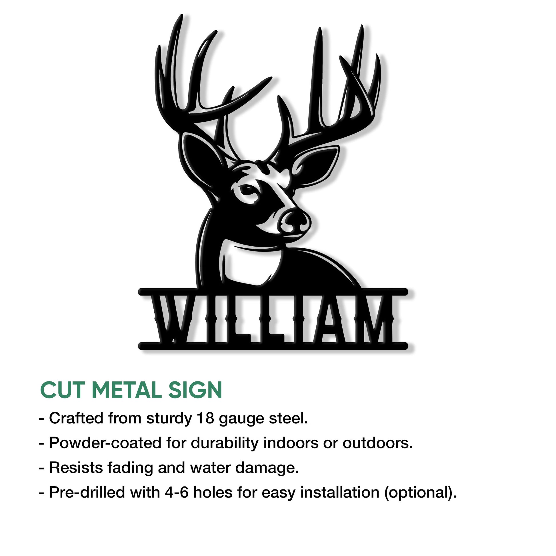 Whitetail deer metal sign shown with a cut-metal construction and indoor or outdoor display information