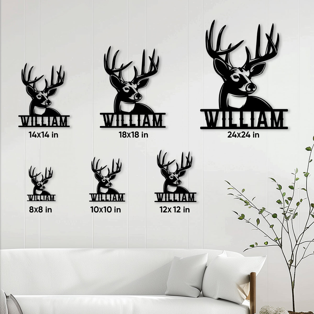 Whitetail deer metal sign size guide showing available square sizes from 8 by 8 to 24 by 24 inches